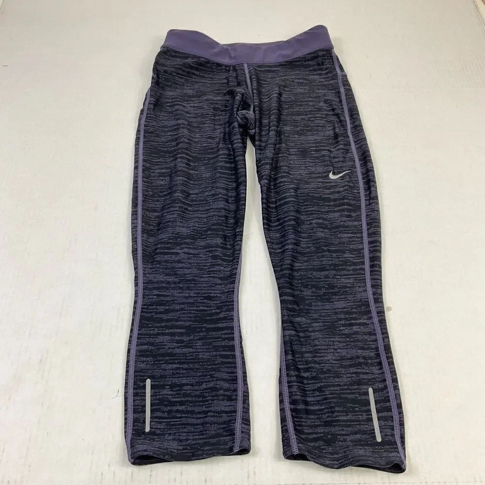 Nike Womens Dri Fit Leggings Purple Black Mid Rise Just Dot It Workout Gym Small